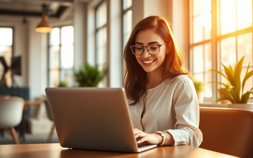 Young professional working flexibly on laptop in a bright London co-working space