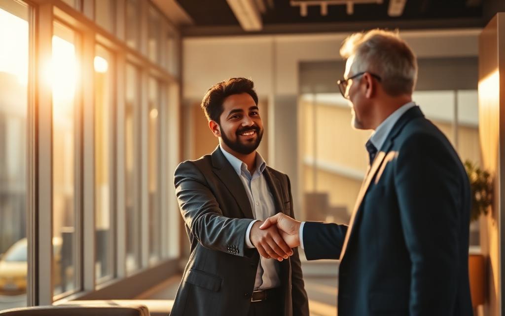International graduate shaking hands with UK employer
