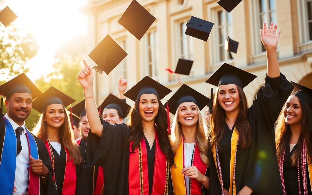 International graduates celebrating outside a UK university