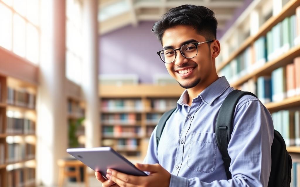 International student studying in a sunlit UK university library