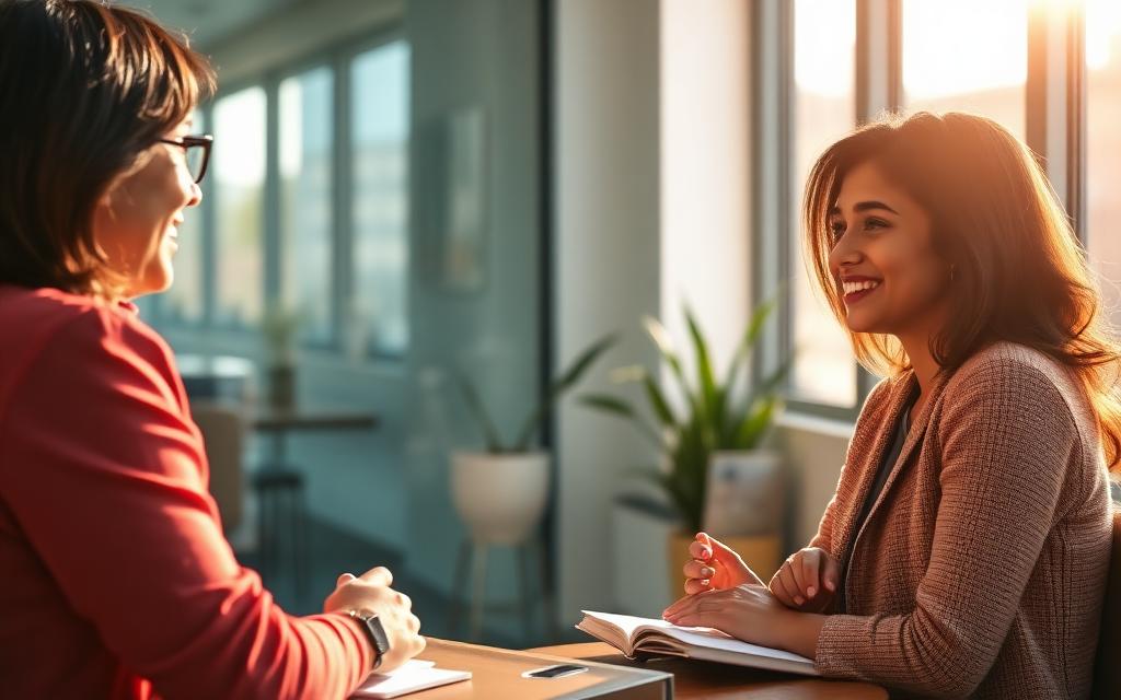 Smiling student in a friendly mock interview with an advisor