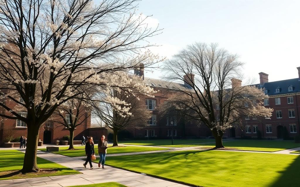 Sunlit UK university campus quad in spring