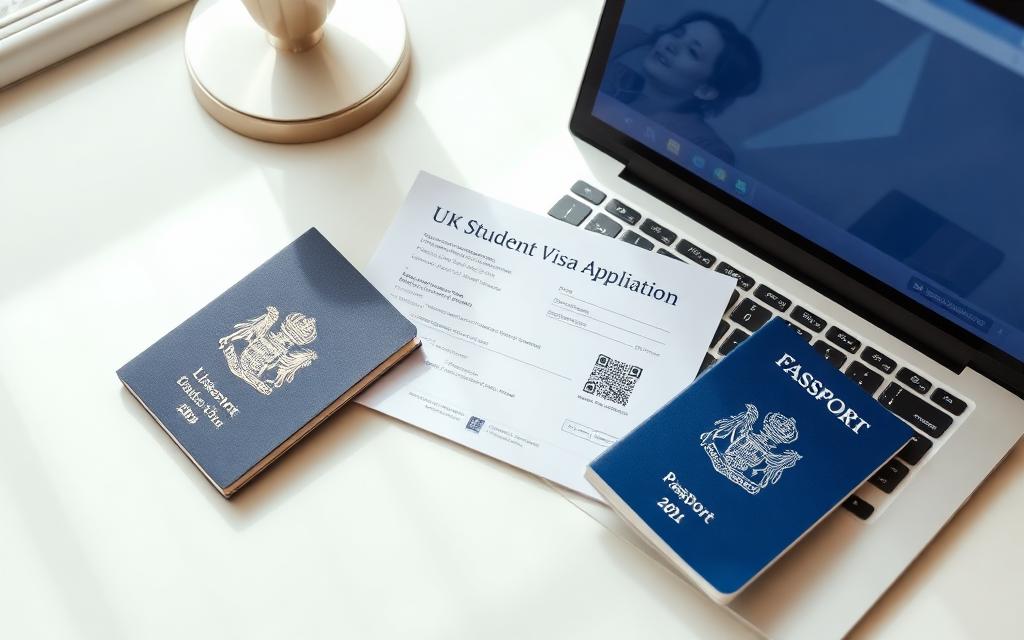 UK student visa application with passport and laptop